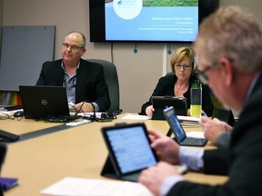 Tim Sunderland, general manager of Chatham-Kent Public Utilities Commission, left, speaks during a PUC meeting next to Chatham-Kent Ward 5 Coun. Carmen McGregor during a PUC meeting at the Municipality of Chatham-Kent Civic Centre Feb. 10, 2020. (Tom Morrison/Postmedia Network)