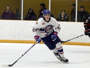 Rayside-Balfour Canadians forward Mitchell Martin (15) competes against the Blind River Beavers during NOJHL action at Chelmsford Arena in Chelmsford, Ontario on Thursday, February 20, 2020.