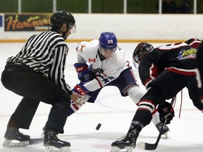 Rayside-Balfour Canadians forward Gavin Brown (23) faces off with Blind River Beavers forward Kyle Quinn (6) during NOJHL action at Chelmsford Arena in Chelmsford, Ontario on Thursday, February 20, 2020.