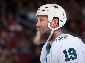 Joe Thornton of the San Jose Sharks skates on the ice during the first period of the NHL game against the Arizona Coyotes at Gila River Arena on January 14, 2020 in Glendale, Arizona. (Photo by Christian Petersen/Getty Images)