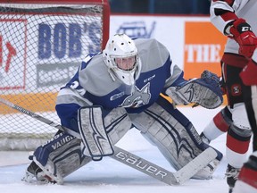 Sudbury Wolves goalie David Bowen keeps his eye on the puck during OHL action against the Ottawa 67's from the Sudbury Community Arena on Sunday afternoon. The Wolves defeated the 67's 2-0.