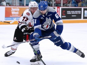 Chase Stillman of the Sudbury Wolves battles for the puck with Dakota Betts of the Niagara Ice Dogs during Sunday Night OHL action from the Sudbury Community Arena.