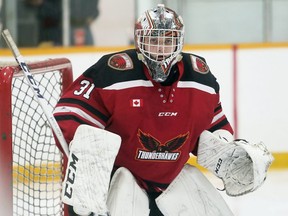 Wallaceburg Thunderhawks goalie Jacob Lister (31) watches the play against the Amherstburg Admirals in the second period at Wallaceburg Memorial Arena in Wallaceburg, Ont., on Wednesday, Feb. 5, 2020. Mark Malone/Chatham Daily News/Postmedia Network