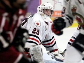 Sarnia Legionnaires goalie Nolan DeKoning watches the action against the Chatham Maroons in overtime at Chatham Memorial Arena in Chatham, Ont., on Sunday, Feb. 9, 2020. Mark Malone/Chatham Daily News/Postmedia Network