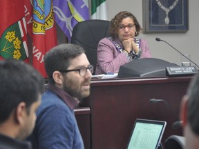 Cornwall Coun. Eric Bergeron speaks during the third budget meeting on Wednesday February 5, 2020 in Cornwall, Ont., as Mayor Bernadette Clement watches on. Francis Racine/Cornwall Standard-Freeholder/Postmedia Network