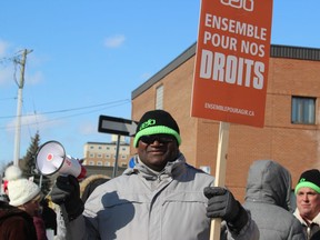 One of the voices being heard, on the picket line at the corner of McConnell Avenue and Second Street on Friday afternoon. Photo on Friday, February 21, 2020, in Cornwall, Ont. Lindsay Winters/Cornwall Standard-Freeholder/Postmedia Network