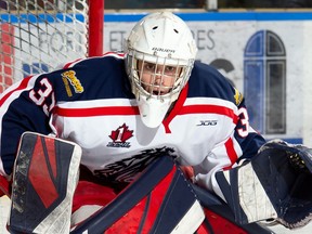 Cornwall Colts goaltender Rico DiMatteo, during play against the Kanata Lasers on Monday February 17, 2020 in Cornwall, Ont. Cornwall lost 6-1. Robert Lefebvre/Special to the Cornwall Standard-Freeholder/Postmedia Network