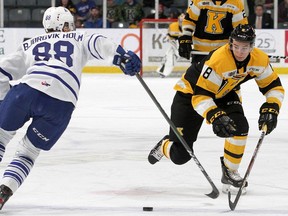 Kingston Frontenacs' Martin Chromiak tries to get past Mississauga Steelheads' Ole Bjorgvik-Holm during Ontario Hockey League action in Kingston on Feb. 9, 2020. (Ian MacAlpine/The Whig-Standard)