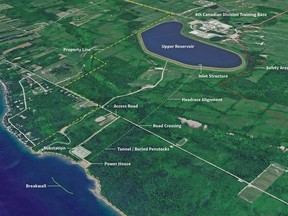 An illustration of where the TC Energy pumped storage facility might be built at the 4th Canadian division Training Centre.
(File/courtesy TC Energy)