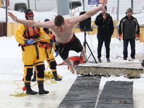 Merrill Rosenol of Beachburg demonstrates some good hang time during a past Polar Bear Dip at the Pembroke marina in support of the Pembroke Laurentian Valley Handi-Bus. Not able to be held in February of 2021 because of COVID lockdowns, the event makes its return on Feb. 6, 2022. Anthony Dixon