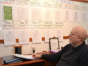Stratford author Ron Finch looks over the notes for the more than 20 novels -- some finished and some he's still working on -- in his Joel Franklin Mystery series, only days prior to the publication of his fourth book in the series, One Foot Out of the Grave. Galen Simmons/Beacon Herald file photo