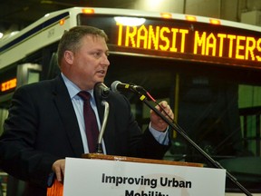 Stratford Mayor Dan Mathieson speaks at a $3-million public-transit funding announcement at the Stratford transit depot Feb. 26, 2020. (Galen Simmons/Beacon Herald file photo)
