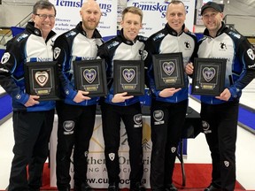 Photo provided
The Sault's Team Jacobs celebrates its Northern Ontario men's curling championship last February in Temiskaming Shores. Team members include (from left): Coach Rick Lang, skip Brad Jacobs, third Marc Kennedy, second EJ Harnden and lead Ryan Harnden.