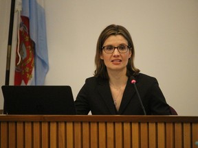 Katherine Albion, executive director of the Western Sarnia-Lambton Research Park, speaks at a meeting of Lambton County council.