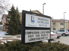 Marshall Gowland Manor, a long-term care home Lambton County operates on Devine Street in Sarnia, is shown in this file photo.