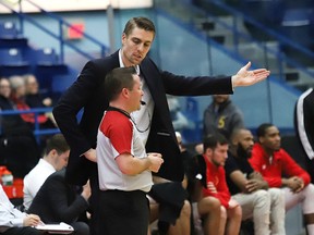 Sudbury Five coach Logan Stutz has a discussion with a referee during basketball action against the Halifax Hurricanes at the Sudbury Community Arena in Sudbury, Ont. on Friday February 7, 2020.