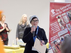 Lisa Long, executive director for the Samaritan Centre, speaks during opening ceremonies for the Coldest Night of the Year, a fundraiser for the Samaritan Centre, in Sudbury, Ontario on Saturday, February 22, 2020. More than $70,000 was raised at the local event, part of a nationwide effort to support organizations that help the less fortunate.