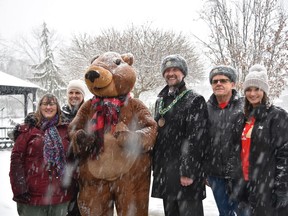 Mayor Trevor Birtch with Chilly Charlie the groundhog and South Gate Centre volunteers and organizers on Sunday, Feb. 2, 2020 at the centre's annual Groundhog Day pancake breakfast. (Kathleen Saylors/Woodstock Sentinel-Review)