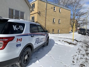 London police are at a low-rise apartment complex on Wellington Road near Grand Avenue, south of downtown London. Photo taken on Friday Feb. 14, 2020. (Dale Carruthers/The London Free Press)