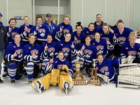 The Durham Lady Huskies captured the Southwestern Ontario Women’s Hockey League Senior “B” championship on March 7, 2020 defeating the Stratford Aces in two straight games. Team members include, back left, coach Paul Nixon, Natalie Franks, Avery Rowe, Taylor Belanger, coach Jim Junker, Natalie Nixon, Emily Martz, Sara Lynch, coach Rob Brown, Randi Aldcorn and Kate Gilkinson. Middle left are Nicole Gibbons, Rachel Davis, Jess Pellegrino, Brooklyn Irwin, Sam Strassburger, Kaley Tienhaara and Kristen Nixon. Front left are Haileigh Duplantis and Micaela Stutzki. Absent from photo are Elyse Bridgwater and Sara Pickard. FILE PHOTO