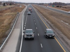 A speed limit increase on Highway 402, pictured here in Sarnia last December, hasn't resulted in a surge in crashes or speeding tickets, OPP say. Recently released survey results via the Ministry of Transportation show broad support for increasing 400-series highway speeds to 110 km/h.