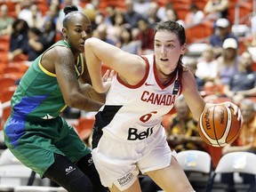 Bridget Carleton of Chatham, Ont., plays for Canada against Brazil in a FIBA Women's AmeriCup 2019 semifinal in San Juan, Puerto Rico, on Saturday, Sept. 28, 2019. (Photo courtesy of FIBA)