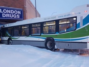 At 6:40 a.m. the Strathcona County Transit bus was travelling west on Fir Street when it was struck by a truck travelling south on Sherwood Drive. The force of the impact sent the Strathcona County bus into a nearby London Drugs building, located at 999 Fir Street. Photo courtesy Strathcona County RCMP