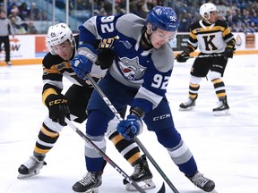 Blake Murray of the Sudbury Wolves battles for the puck with Jakob Brahaney of the Kingston Frontenacs during Sunday afternoon OHL action from the Sudbury Community Arena.