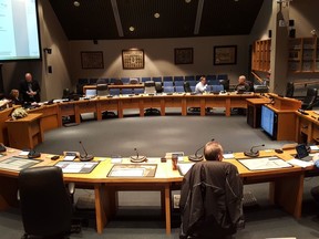 The Chatham-Kent Public Utilities Commission meets in council chambers, using social distancing protocol, on March 19. (Trevor Terfloth/The Daily News)