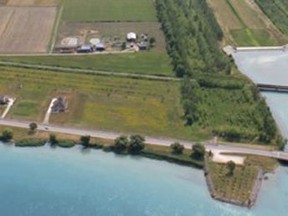 An aerial photograph of the Darcy McKeough Floodway, north of Wallaceburg. The St. Clair Regional Conservation Authority in March 2020 put the floodway's dam into operation to help divert water away from Wallaceburg. SCRCA photo