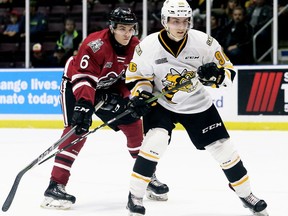 Sarnia Sting's Ty Voit (96) is trailed by Guelph Storm's Jacob Maillet (6) at Progressive Auto Sales Arena in Sarnia, Ont., on Sunday, Oct. 6, 2019. Mark Malone/Chatham Daily News/Postmedia Network