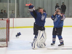 Goalie Frederic Roy signals the start of  a championship celebration for the Cornwall Prowlers. Photo on Friday, March 6, 2020  in Carp, Ont. Todd Hambleton/Cornwall Standard-Freeholder/Postmedia Network