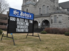 St. John's Presbyterian Church on Second Street wanted to thank all front line workers who carry on working during the ongoing pandemic. Photo taken on on Thursday March 26, 2020 in Cornwall, Ont. Francis Racine/Cornwall Standard-Freeholder/Postmedia Network