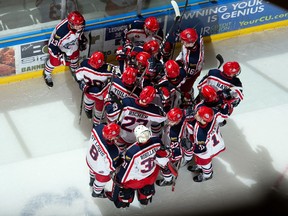 Cornwall Colts players celebrate their overtime win during play against the Rockland Nationals on Sunday March 1, 2020 in Cornwall, Ont. Cornwall won 3-2 in OT. Robert Lefebvre/Special to the Cornwall Standard-Freeholder/Postmedia Network