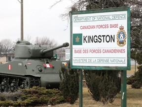 A tank sits just outside the main entrance of CFB Kingston on Highway 2 on Tuesday March 17, 2020.