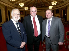 Builders, from left, Tim Irwin, Roland Billings and Randy Casford at City Hall on Jan. 6, 2020, after being introduced to city council as the latest inductees into the Kingston and District Sports Hall of Fame. Hockey players Jayna Hefford and the late George Patterson will also be inducted in May 2021, after the original event, scheduled for May 1, 2020, was postponed to Sept. 11 and then postponed again, due to the COVID-19 pandemic. (Ian MacAlpine/The Whig-Standard)