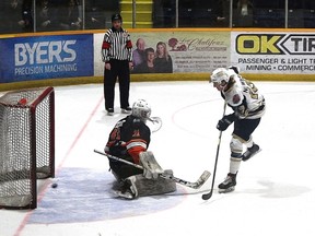 BRAD SHERRATT - NORTHERN NEWS
KL Gold Miner Max Newnam scores this goal in the club's shoot out win versus Hearst.