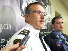 North Bay Police Chief Scott Tod and Jeff Thomson, a spokesman for the Canadian Anti-Fraud Centre, hold a media conference launching Fraud Prevention Month in March 2020. Nugget File Photo