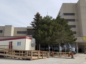 This trailer is the main Owen Sound COVID-19 assessment building, located near the emergency department of the Owen Sound hospital.