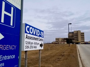 COVID-19 assessment centre sign at Grey Bruce Health Services in Owen Sound on Tuesday, March 19, 2020. The centre's hours, which currently are noon to 4 p.m., will be extended early next week. (Sun Times file photo)