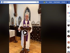 Rev. Graham Bland speaks from St. George's Anglican Church during his first live Facebook service broadcast in March (Facebook screenshot)