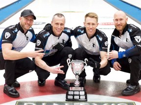 Anil Mungal/Sportsnet
Team Jacobs members (from left) Ryan Harnden, E.J. Harnden, Marc Kennedy and Brad Jacobs celebrate their third consecutive Grand Slam of Curling event championship.
The Sault rink won the Canadian Open last January in Yorkton, Sask.