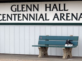 A pair of abandoned skates rests on a bench outside the Glenn Hall Centennial Arena in Stony Plain. The facility and others have since been shuttered due to the COVID-19 pandemic.