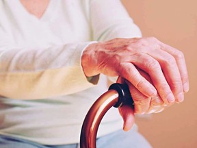 Elderly woman in nursing home, wrinkled hand with clearly visible veins holding walking quad cane. Old age senior lady arms with freckles lay on aid stick handle bar. Background, close up, copy space. 

LTC long term care senior citizen nursing home elderly old hand elder   Ageing health care  Old people  Palliative Assisted dying

Not Released (NR)