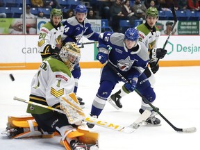 North Bay Battalion goaltender Joe Vrbetic, shown here in action against the Kingston Frontenacs, has been named the OHL Player of the Week. File Photo