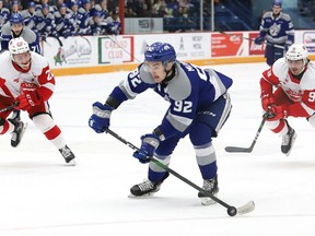 Blake Murray, middle, of the Sudbury Wolves, races to the net during OHL action against the Soo Greyhounds at the Sudbury Community Arena in Sudbury, Ont. on Friday March 6, 2020. John Lappa/Sudbury Star/Postmedia Network