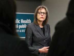Dr. Penny Sutcliffe, medical officer of health with Public Health Sudbury and Districts, addresses the media at a press conference at the health unit in Sudbury, Ont. on Wednesday March 11, 2020.