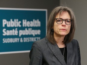 Dr. Penny Sutcliffe, medical officer of health with Public Health Sudbury and Districts, addresses the media at a press conference at the health unit on March 11.