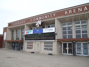 The front entrance of a community arena.