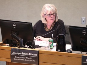 Ward 12 Coun. Joscelyne Landry-Altmann makes a point at the city council meeting in Sudbury on Aug. 14, 2018.